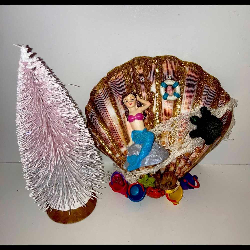 Handmade Christmas ornament from real sea shell, mermaid, turtle. Made in USA